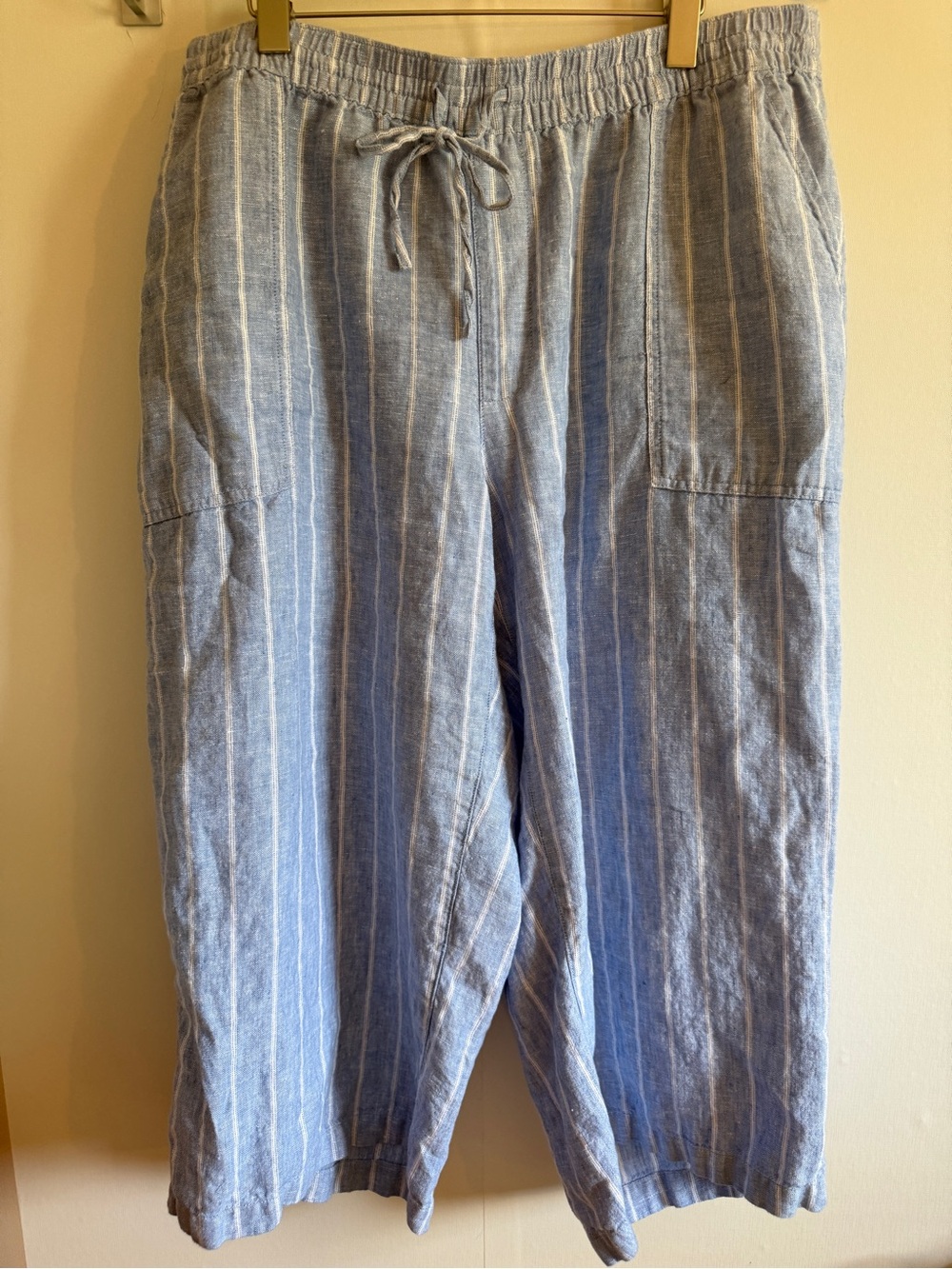 Lands’ End 100% Linen Stripe Wide Leg Crop Pants 1X Blue Pull-On Coastal